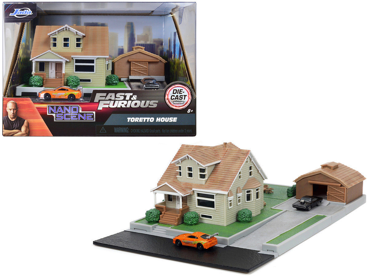 Toretto House Diorama with Dodge Charger Black and Toyota Supra Orange with Graphics "Fast and Furious" "Nano Scene" Series Models by Jada Jada