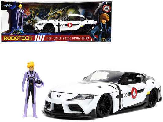 2020 Toyota Supra White and Roy Focker Diecast Figurine "Robotech" "Hollywood Rides" Series 1/24 Diecast Model Car by Jada Jada