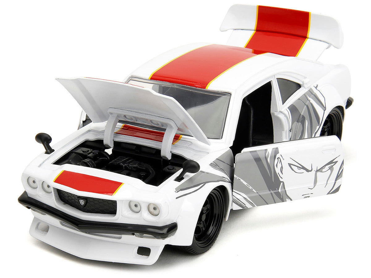1974 Mazda RX-3 White with Red Stripe and Graphics and Saitama Diecast Figure "One Punch Man" (2015-2019) TV Series 1/24 Diecast Model Car by Jada Jada