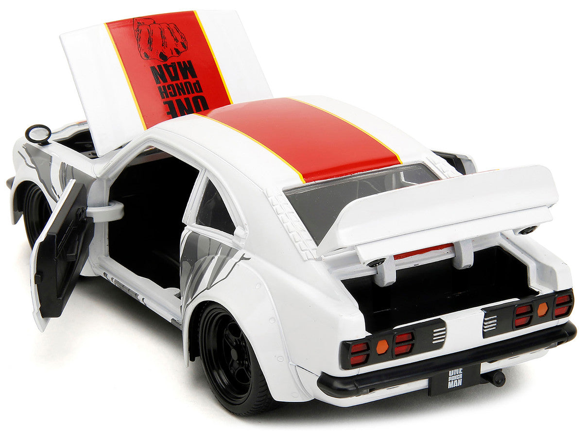1974 Mazda RX-3 White with Red Stripe and Graphics and Saitama Diecast Figure "One Punch Man" (2015-2019) TV Series 1/24 Diecast Model Car by Jada Jada