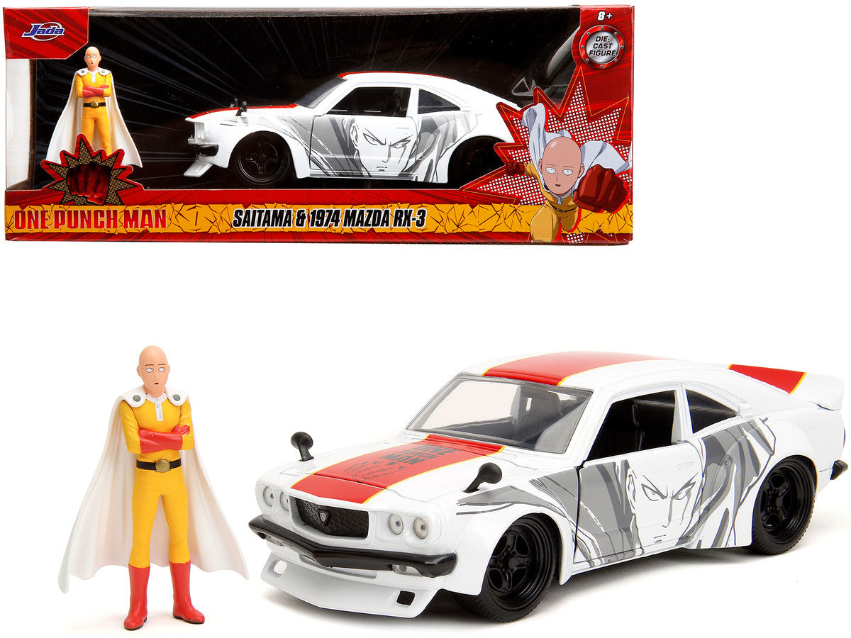 1974 Mazda RX-3 White with Red Stripe and Graphics and Saitama Diecast Figure "One Punch Man" (2015-2019) TV Series 1/24 Diecast Model Car by Jada Jada