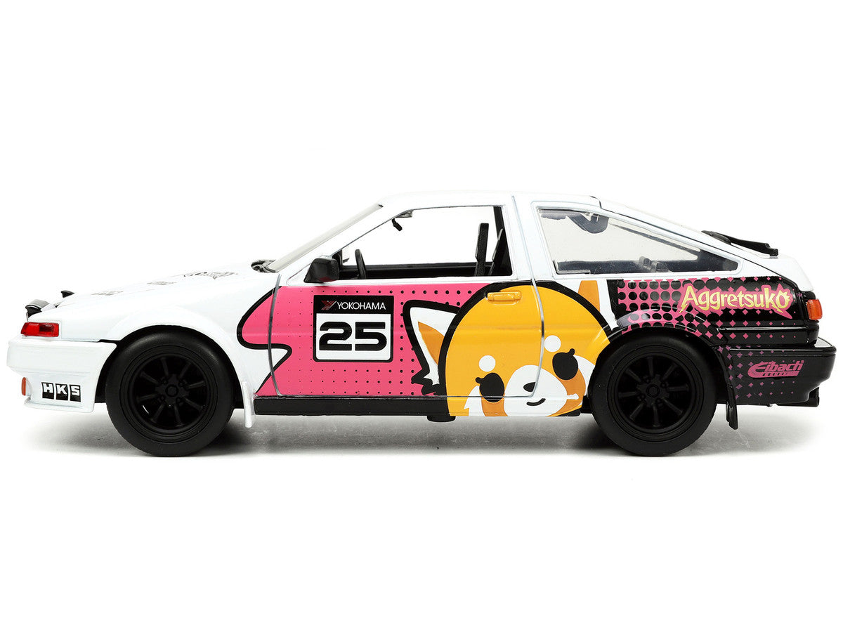 1986 Toyota Trueno (AE86) RHD (Right Hand Drive) #25 White with Graphics and Aggretsuko Diecast Figure "Aggretsuko" "Anime Hollywood Rides" Series 1/24 Diecast Model Car by Jada Jada