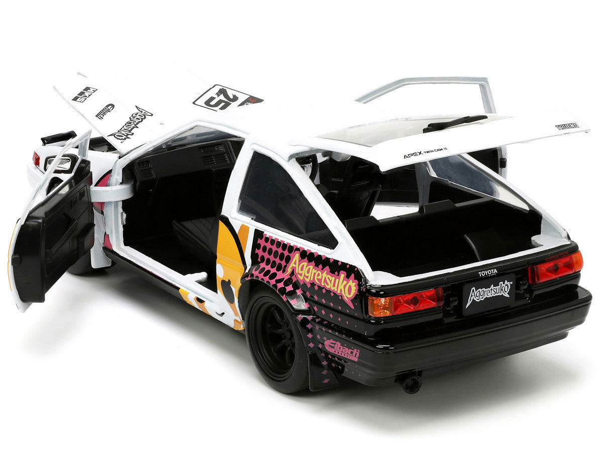 1986 Toyota Trueno (AE86) RHD (Right Hand Drive) #25 White with Graphics and Aggretsuko Diecast Figure "Aggretsuko" "Anime Hollywood Rides" Series 1/24 Diecast Model Car by Jada Jada