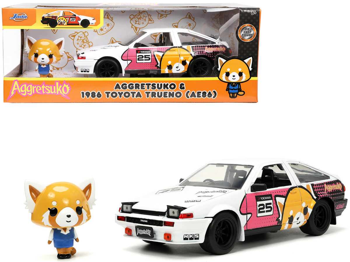 1986 Toyota Trueno (AE86) RHD (Right Hand Drive) #25 White with Graphics and Aggretsuko Diecast Figure "Aggretsuko" "Anime Hollywood Rides" Series 1/24 Diecast Model Car by Jada Jada