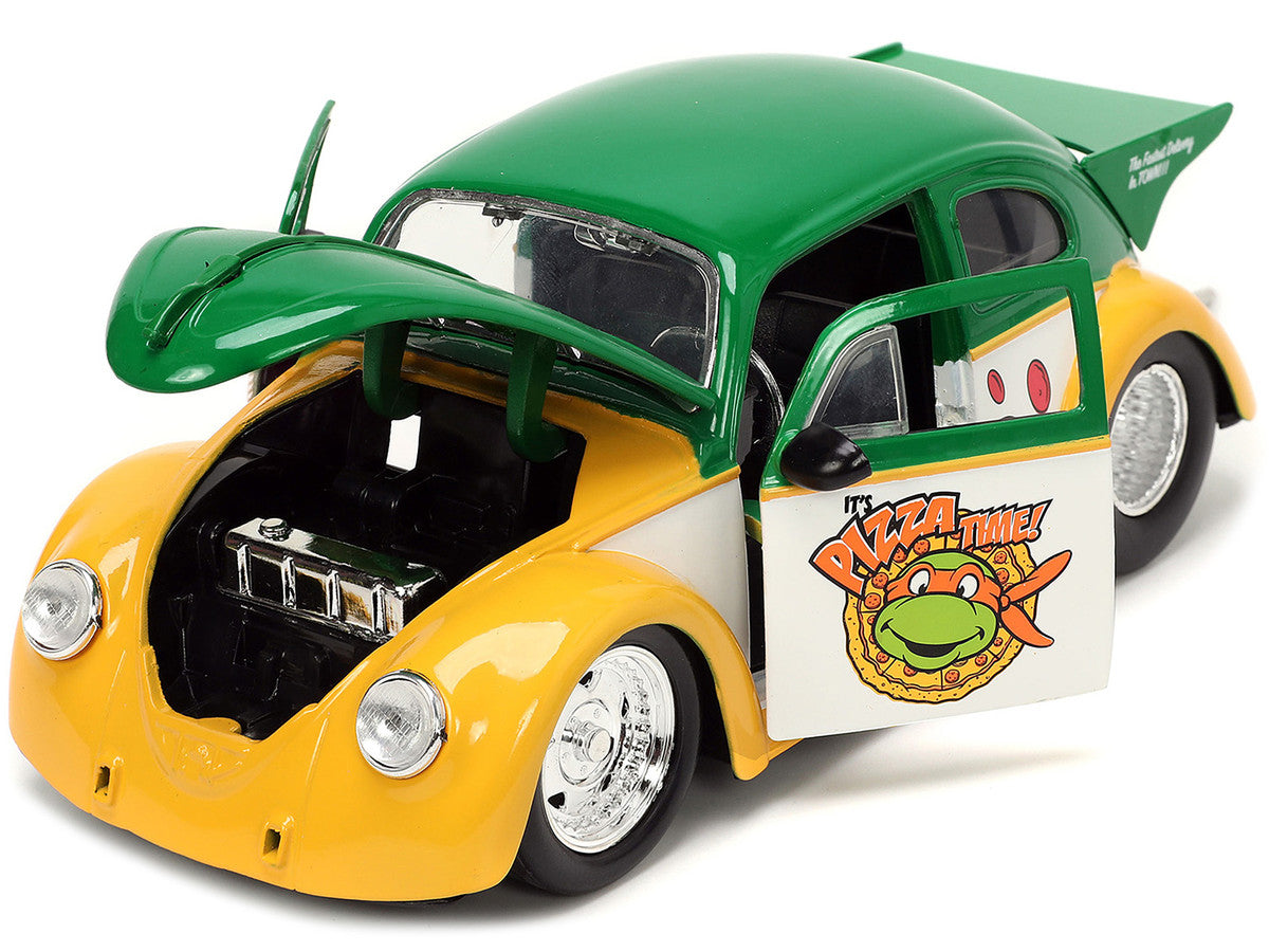 1959 Volkswagen Drag Beetle Green and Yellow and Michelangelo Diecast Figure "Teenage Mutant Ninja Turtles" "Hollywood Rides" Series 1/24 Diecast Model Car by Jada Jada