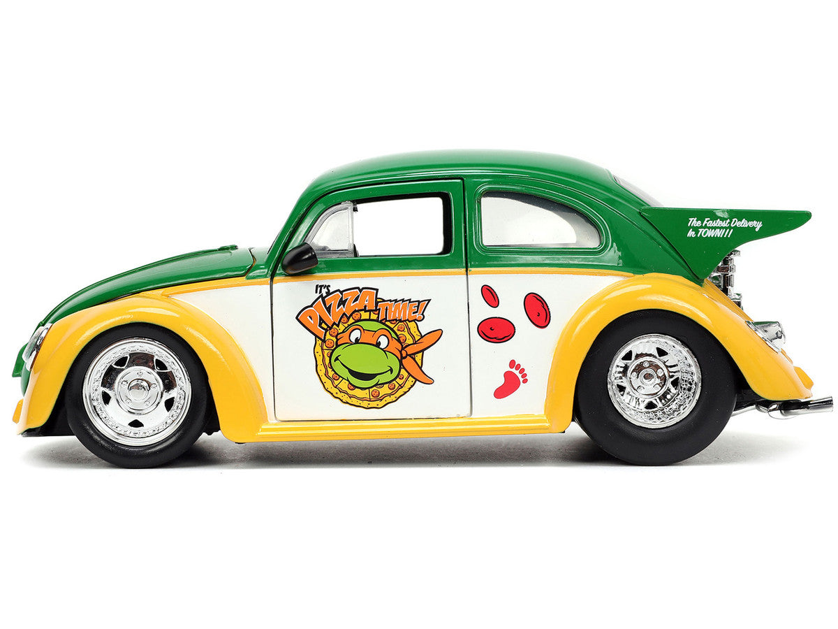 1959 Volkswagen Drag Beetle Green and Yellow and Michelangelo Diecast Figure "Teenage Mutant Ninja Turtles" "Hollywood Rides" Series 1/24 Diecast Model Car by Jada Jada