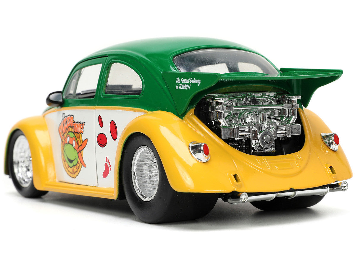1959 Volkswagen Drag Beetle Green and Yellow and Michelangelo Diecast Figure "Teenage Mutant Ninja Turtles" "Hollywood Rides" Series 1/24 Diecast Model Car by Jada Jada