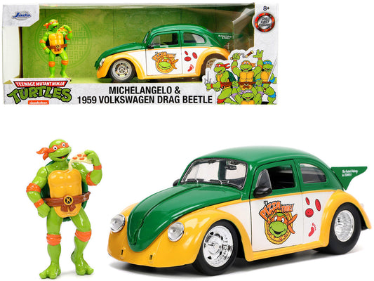 1959 Volkswagen Drag Beetle Green and Yellow and Michelangelo Diecast Figure "Teenage Mutant Ninja Turtles" "Hollywood Rides" Series 1/24 Diecast Model Car by Jada Jada