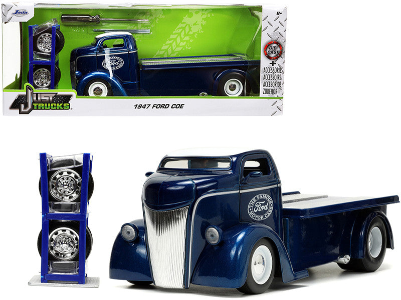 1947 Ford COE Flatbed Truck Dark Blue Metallic with White Top "The Famous Motor Cars" with Extra Wheels "Just Trucks" Series 1/24 Diecast Model by Jada Jada