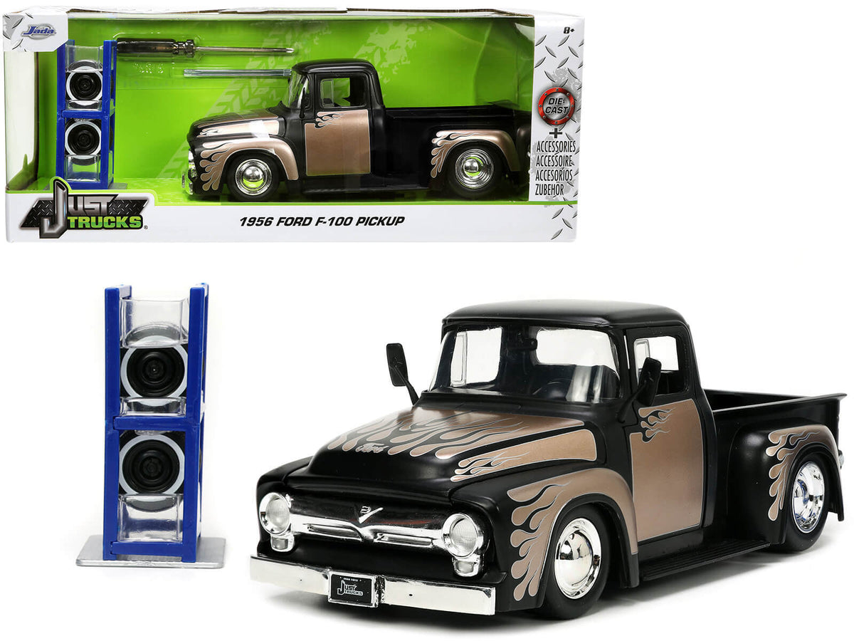 1956 Ford F-100 Pickup Truck Matt Black and Champagne with Flames with Extra Wheels "Just Trucks" Series 1/24 Diecast Model Car by Jada W2B