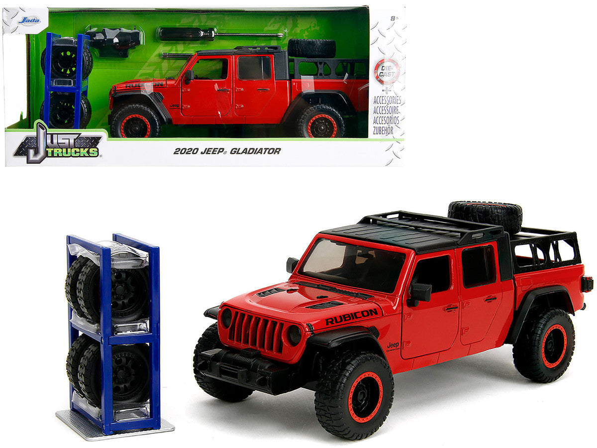 2020 Jeep Gladiator Rubicon Pickup Truck Red with Black Top and Extra Wheels "Just Trucks" Series 1/24 Diecast Model Car by Jada Jada