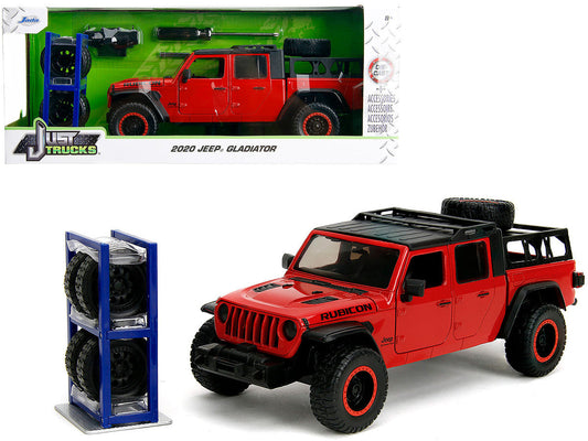 2020 Jeep Gladiator Rubicon Pickup Truck Red with Black Top and Extra Wheels "Just Trucks" Series 1/24 Diecast Model Car by Jada Jada