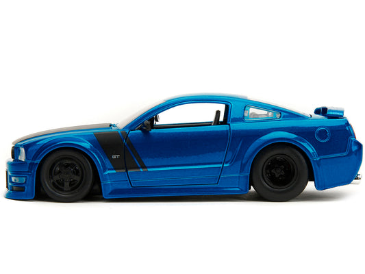 2006 Ford Mustang GT Blue Metallic with Matt Black Hood and Stripes "Bigtime Muscle" Series 1/24 Diecast Model Car by Jada