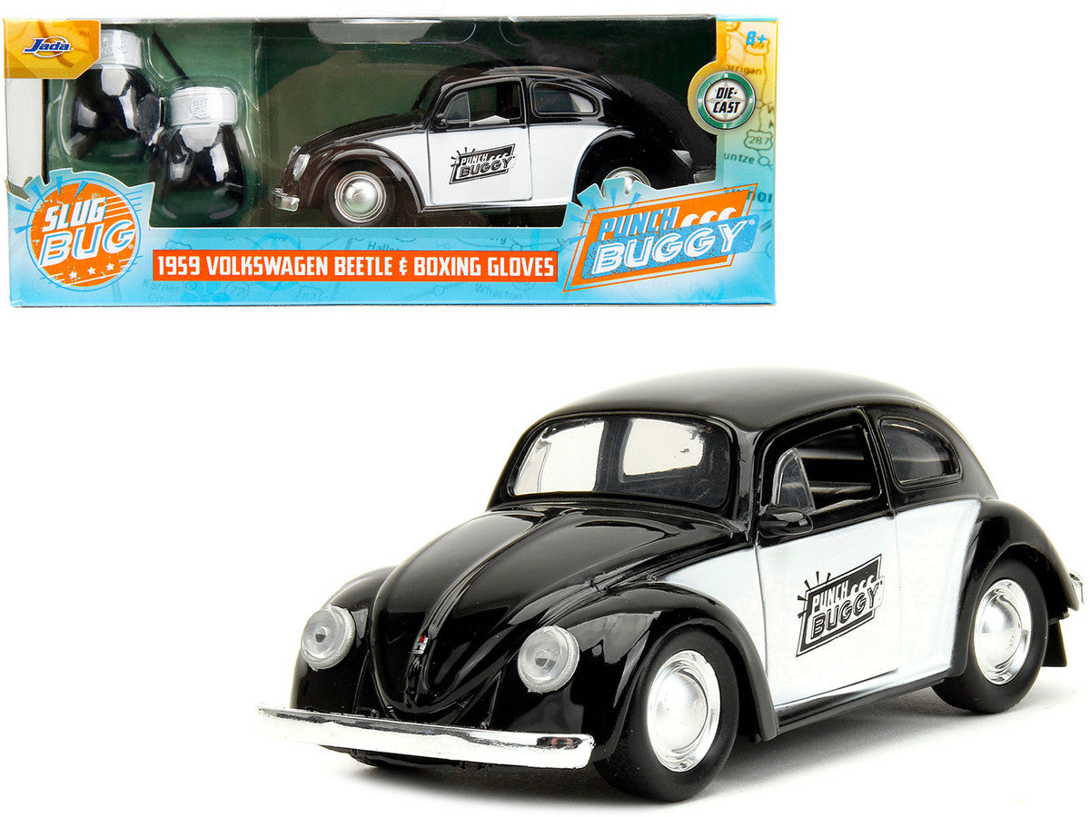 1959 Volkswagen Beetle "Punch Buggy" Black and White and Boxing Gloves Accessory "Punch Buggy" Series 1/32 Diecast Model Car by Jada Jada