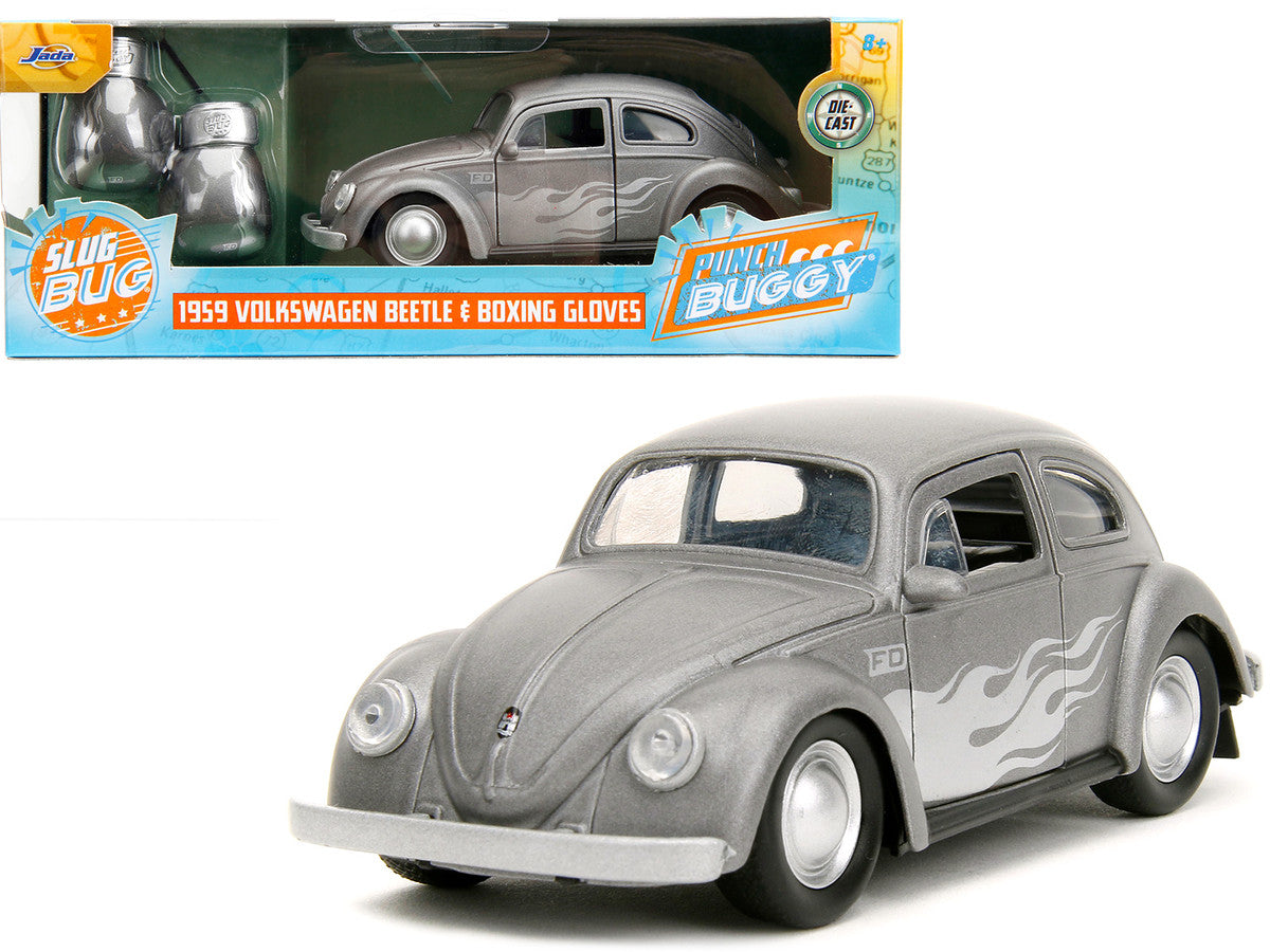 1959 Volkswagen Beetle Gray Metallic with Silver Flames and Boxing Gloves Accessory "Punch Buggy" Series 1/32 Diecast Model Car by Jada Jada