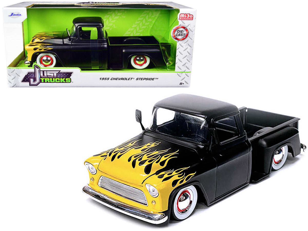 1955 Chevrolet Stepside Pickup Truck Matt Black with Yellow Flames "Just Trucks" Series 1/24 Diecast Model Car by Jada Jada