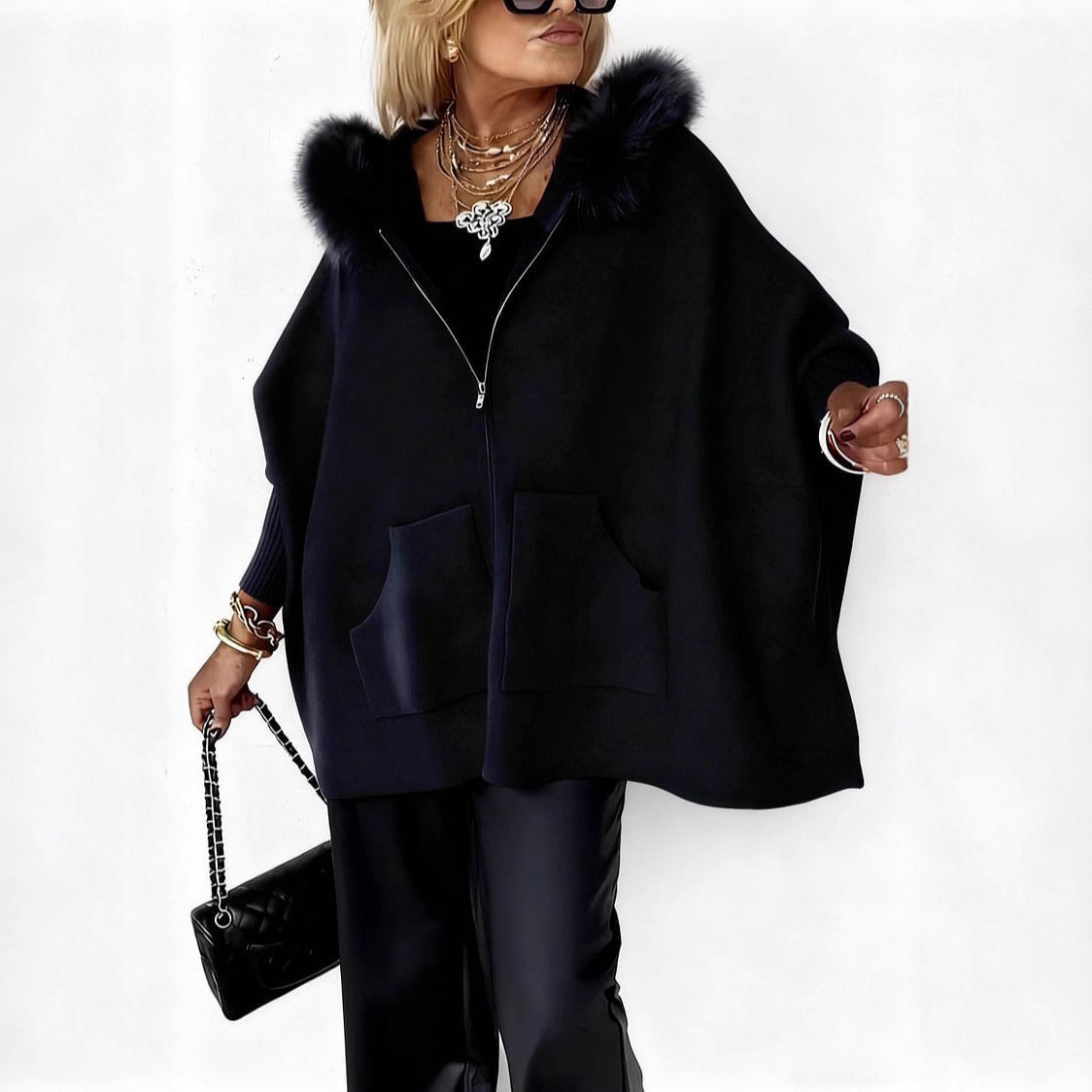 Ins Plush Hooded Cardigan Fashion Warm Pockets Zip-up Knitted Jacket Casual Outerwear Batwing Sleeve Sweater Women's Clothing Best YouTube Store