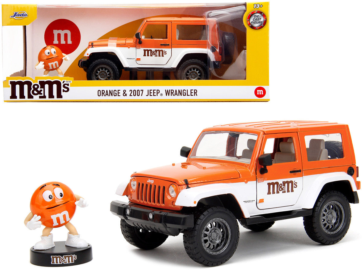 2007 Jeep Wrangler Orange Metallic and White and Orange M&M Diecast Figure "M&M's" "Hollywood Rides" Series 1/24 Diecast Model Car by Jada Jada