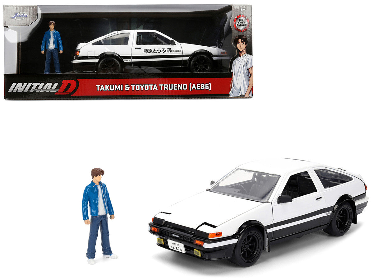 Toyota Trueno (AE86) RHD (Right Hand Drive) White and Black with Graphics and Takumi Diecast Figure "Initial D" (1998-2021) TV Series "Anime Hollywood Rides" Series 1/24 Diecast Model by Jada Jada