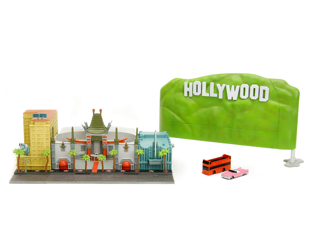"Hollywood 100" Walk of Fame Diorama with Pink Convertible and Double-Decker Bus "Nano Scene" Series model by Jada Jada