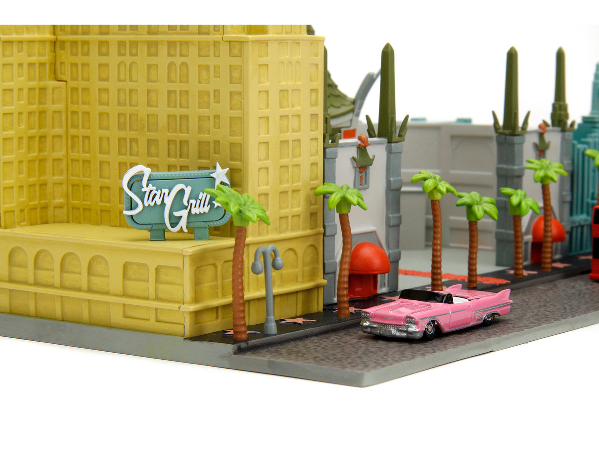 "Hollywood 100" Walk of Fame Diorama with Pink Convertible and Double-Decker Bus "Nano Scene" Series model by Jada Jada