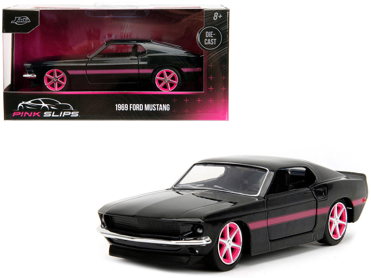 1969 Ford Mustang Black Metallic with Pink Stripes and Wheels "Pink Slips" Series 1/32 Diecast Model Car by Jada Jada