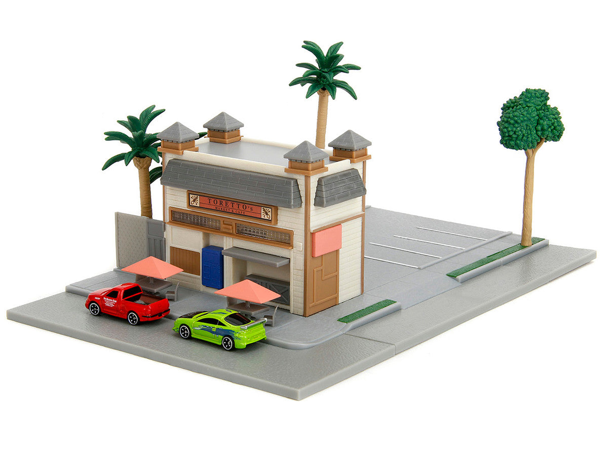 Toretto Cafe Diorama with Mitsubishi Eclipse Green and Ford F-150 SVT Lightning Red "Fast and Furious" "Nano Scene" Series Model by Jada LuxuryLifeWay Online Store