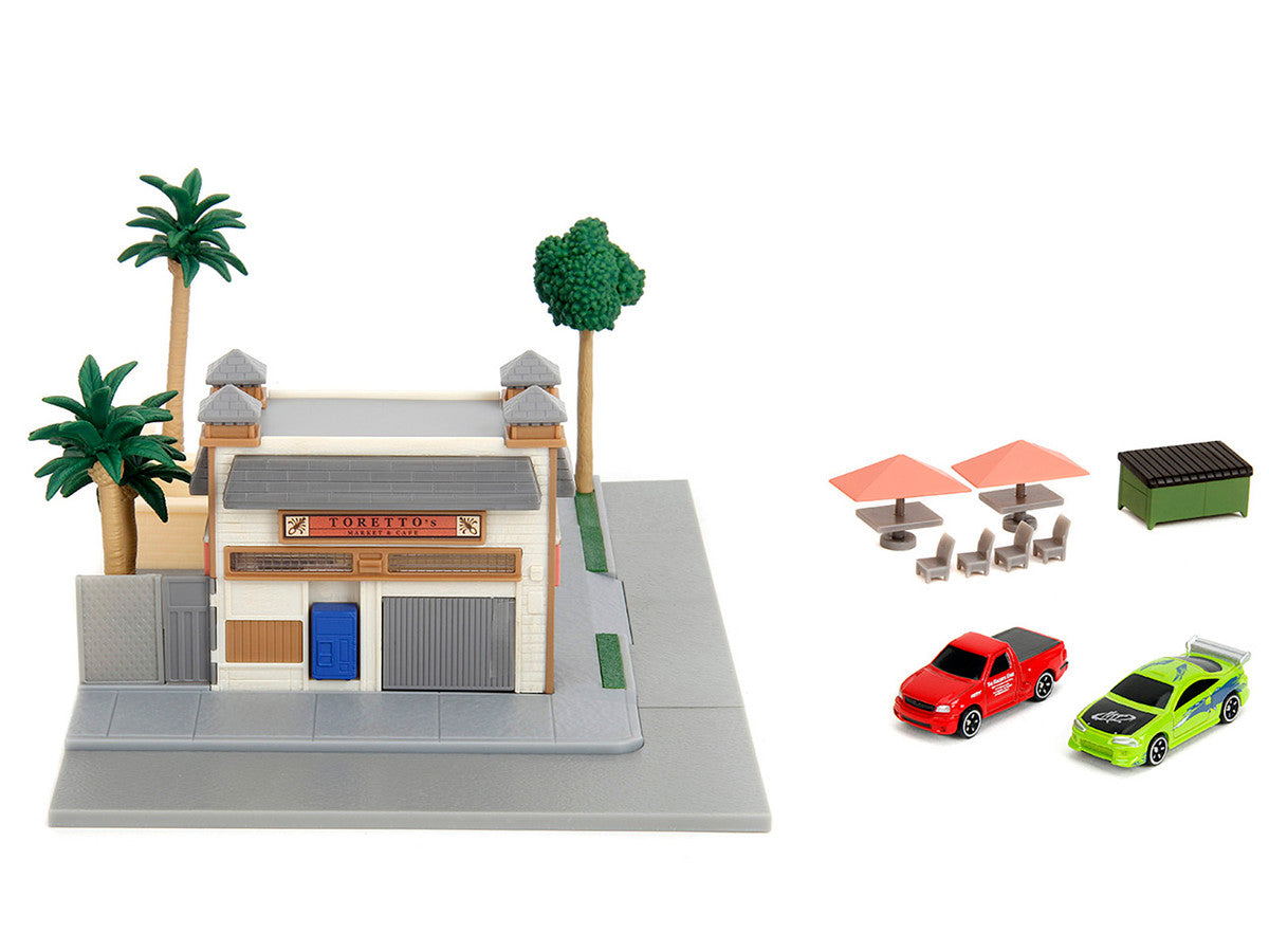 Toretto Cafe Diorama with Mitsubishi Eclipse Green and Ford F-150 SVT Lightning Red "Fast and Furious" "Nano Scene" Series Model by Jada LuxuryLifeWay Online Store