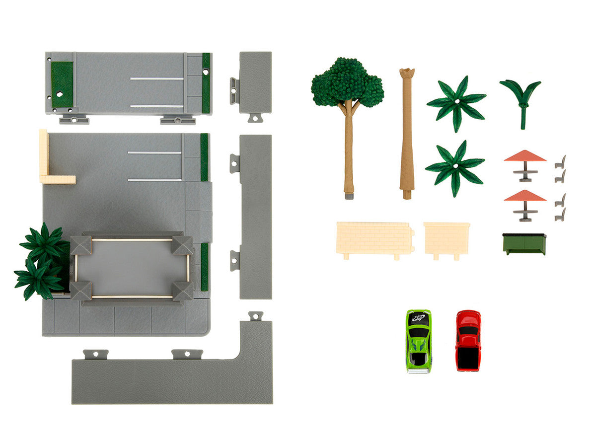 Toretto Cafe Diorama with Mitsubishi Eclipse Green and Ford F-150 SVT Lightning Red "Fast and Furious" "Nano Scene" Series Model by Jada LuxuryLifeWay Online Store