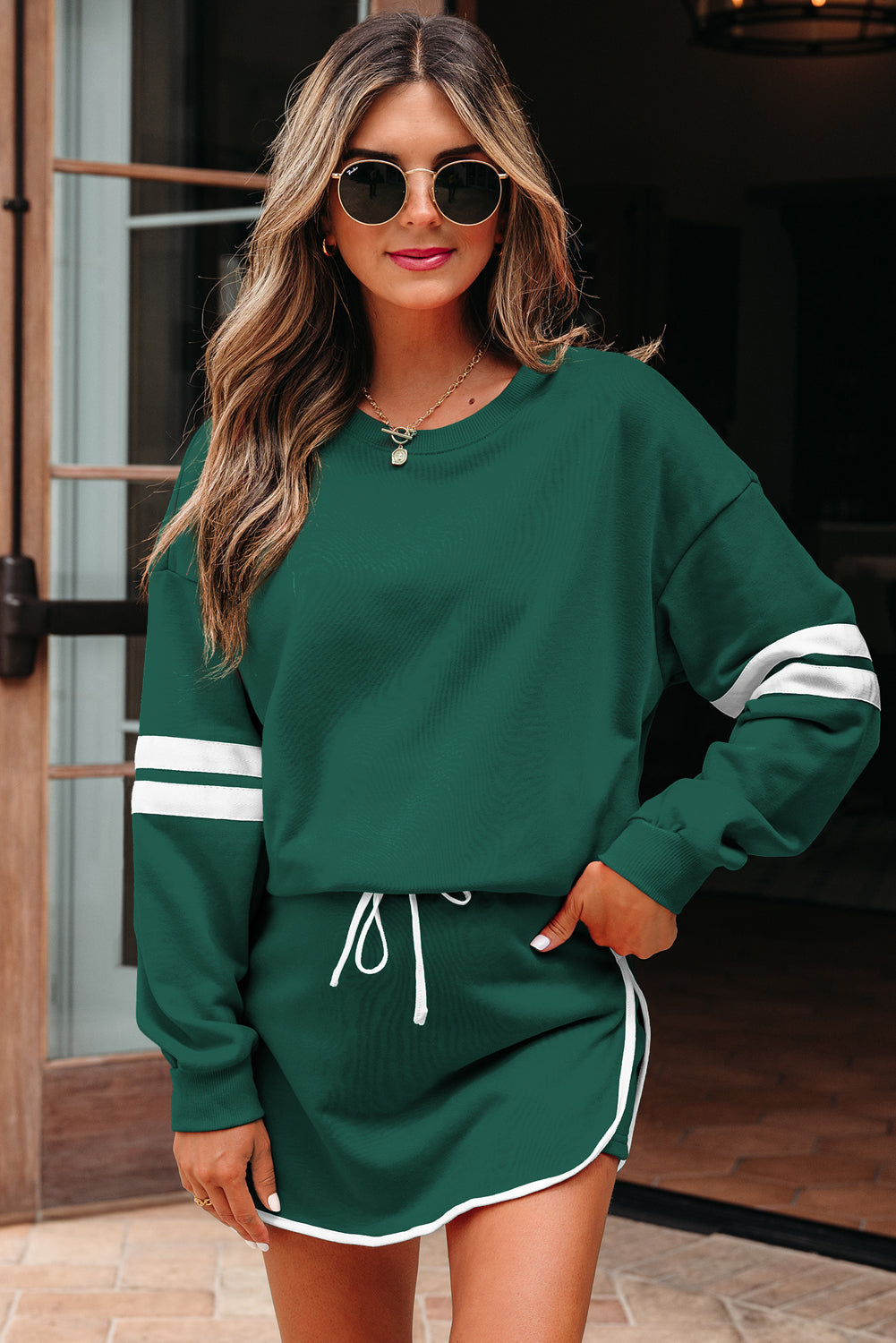 Sophia Shoulder Pullover Mini Skirt Threaded Pear