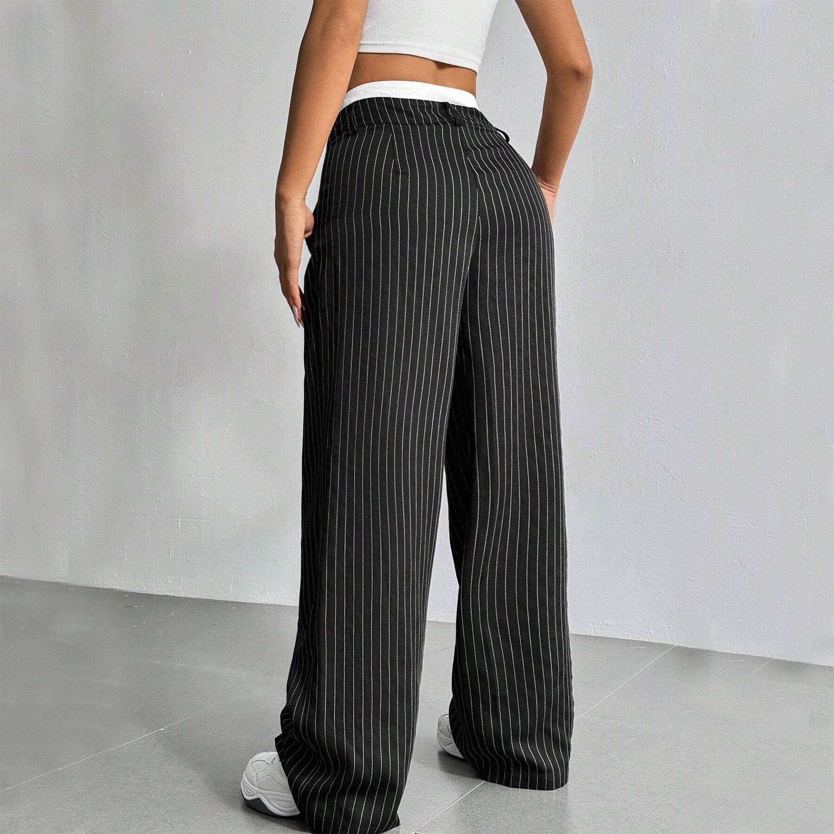 Stripe Printed Trousers Fashion High Waist Straight Leg Pants With Pocket Zipper Casual Suit Pants For Women LadyShow.Store