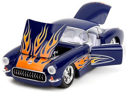 1957 Chevrolet Corvette Dark Blue with Flame Graphics and White Interior "Bigtime Muscle" Series 1/24 Diecast Model Car by Jada Jada