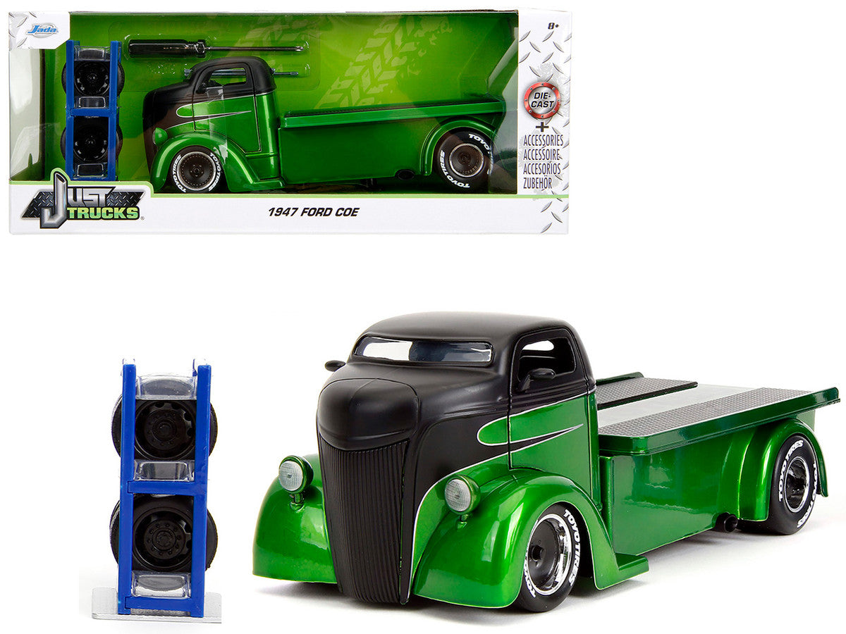 1947 Ford COE Flatbed Truck Green Metallic and Matt Black "Toyo Tires" with Extra Wheels "Just Trucks" Series 1/24 Diecast Model Car by Jada Jada