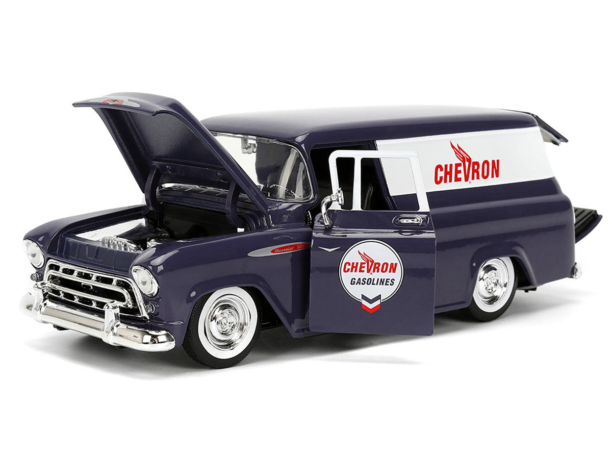 1957 Chevrolet Suburban "Chevron" Dark Blue with White Stripes and Chevron Gas Pump "Just Trucks" Series 1/24 Diecast Model Car by Jada Jada