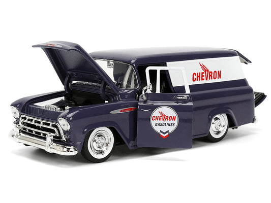 1957 Chevrolet Suburban "Chevron" Dark Blue with White Stripes and Chevron Gas Pump "Just Trucks" Series 1/24 Diecast Model Car by Jada Jada