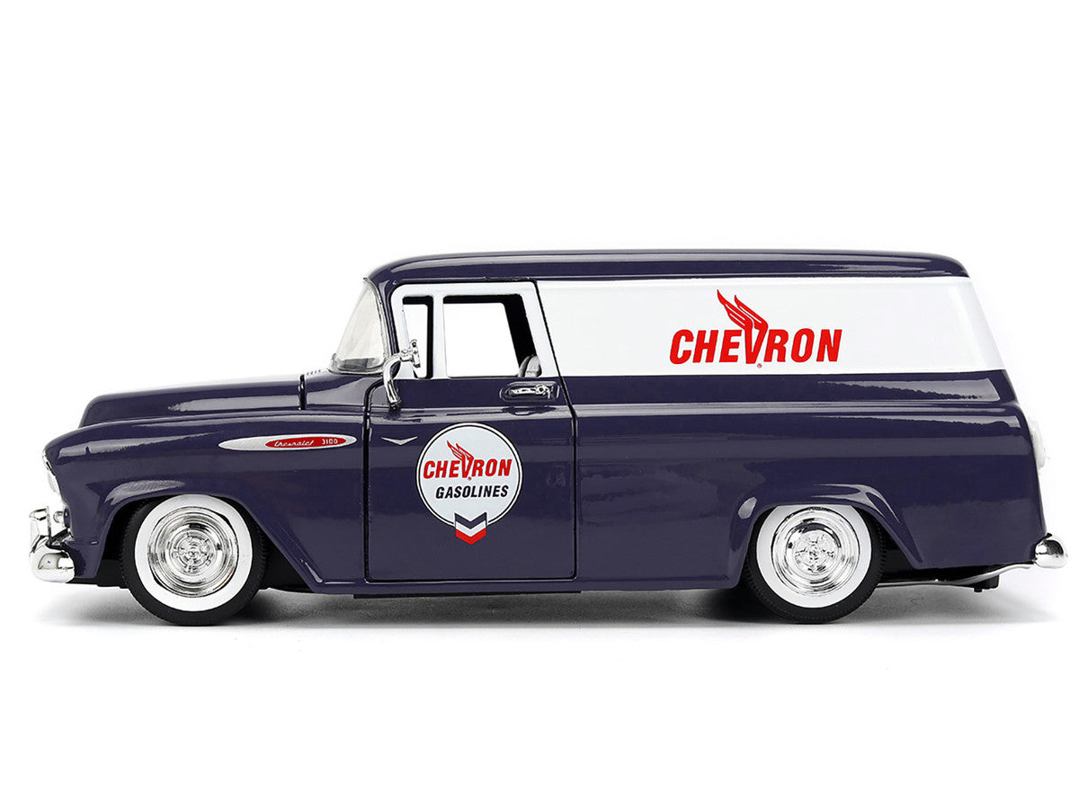 1957 Chevrolet Suburban "Chevron" Dark Blue with White Stripes and Chevron Gas Pump "Just Trucks" Series 1/24 Diecast Model Car by Jada Jada