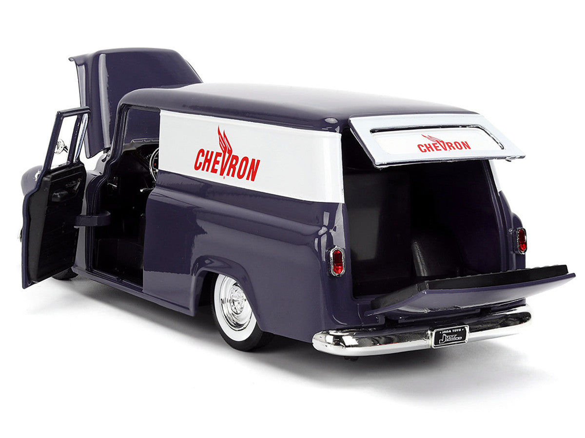 1957 Chevrolet Suburban "Chevron" Dark Blue with White Stripes and Chevron Gas Pump "Just Trucks" Series 1/24 Diecast Model Car by Jada Jada