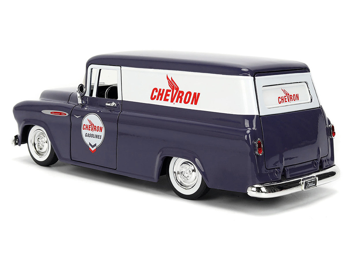 1957 Chevrolet Suburban "Chevron" Dark Blue with White Stripes and Chevron Gas Pump "Just Trucks" Series 1/24 Diecast Model Car by Jada Jada
