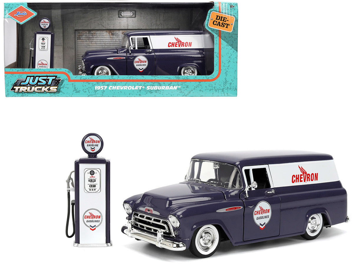 1957 Chevrolet Suburban "Chevron" Dark Blue with White Stripes and Chevron Gas Pump "Just Trucks" Series 1/24 Diecast Model Car by Jada Jada