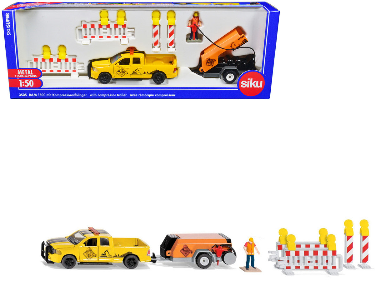 Ram 1500 Pickup Truck Yellow with Compressor Trailer and Worker Figure with Accessories Set 1/50 Diecast Models by Siku-0