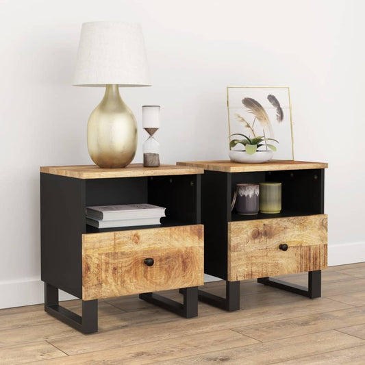 Bedside Cabinet Set of 2 Natural Mango Wood and Black W2B