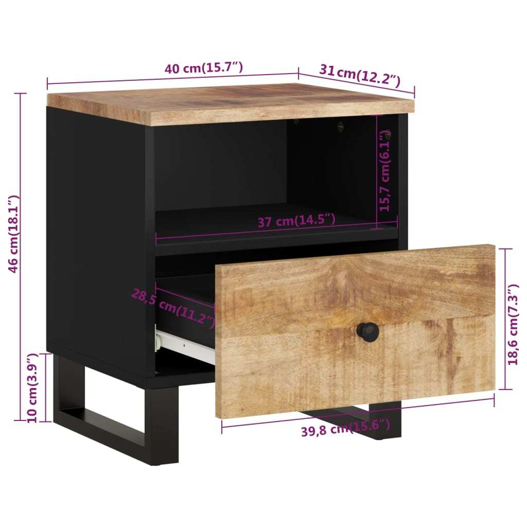 Bedside Cabinet Set of 2 Natural Mango Wood and Black W2B