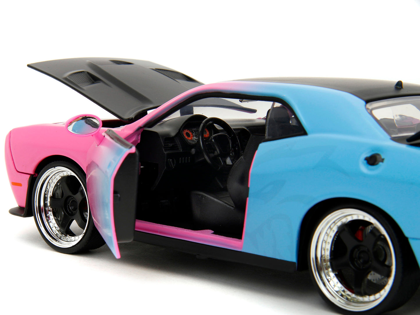 2015 Dodge Challenger SRT Hellcat Pink and Blue Gradient with Matt Black Hood and Top "Pink Slips" Series 1/24 Diecast Model Car by Jada