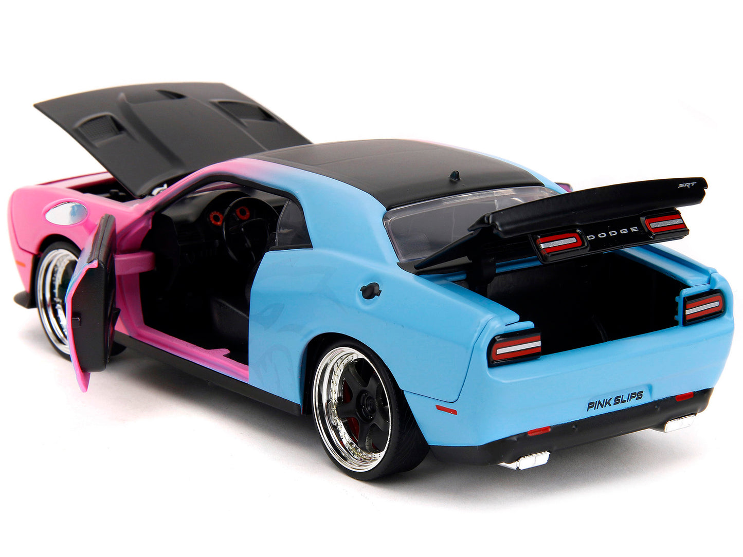 2015 Dodge Challenger SRT Hellcat Pink and Blue Gradient with Matt Black Hood and Top "Pink Slips" Series 1/24 Diecast Model Car by Jada