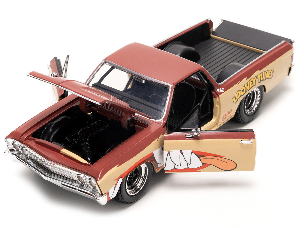1967 Chevrolet El Camino Brown and Beige with Graphics and Tasmanian Devil (Taz) Diecast Figure "Looney Tunes" "Hollywood Rides" Series 1/24 Diecast Model Car by Jada Jada