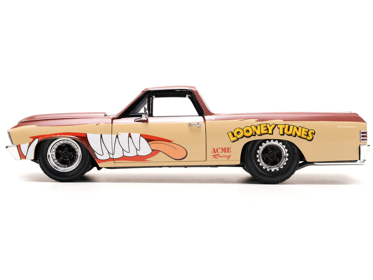 1967 Chevrolet El Camino Brown and Beige with Graphics and Tasmanian Devil (Taz) Diecast Figure "Looney Tunes" "Hollywood Rides" Series 1/24 Diecast Model Car by Jada Jada