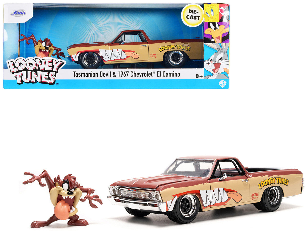 1967 Chevrolet El Camino Brown and Beige with Graphics and Tasmanian Devil (Taz) Diecast Figure "Looney Tunes" "Hollywood Rides" Series 1/24 Diecast Model Car by Jada Jada