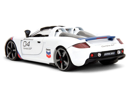 Porsche Carrera GT Convertible #04 "Chevron" White with Graphics "Hyper-Spec" Series 1/24 Diecast Model Car by Jada Jada