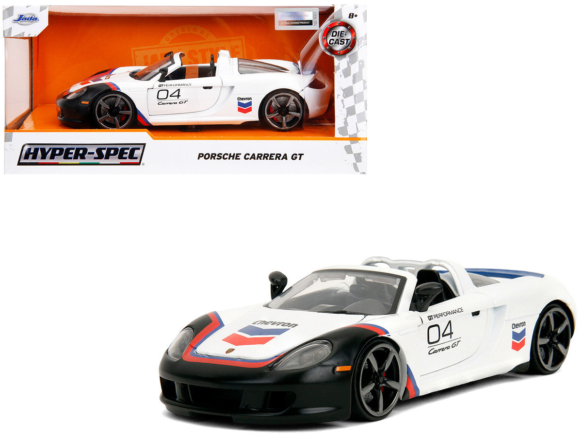 Porsche Carrera GT Convertible #04 "Chevron" White with Graphics "Hyper-Spec" Series 1/24 Diecast Model Car by Jada Jada
