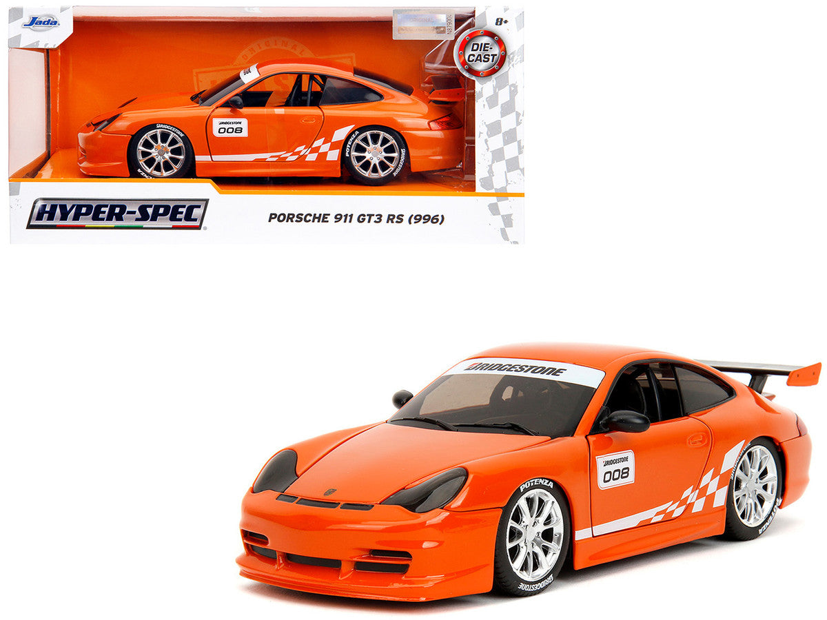 Porsche 911 GT3 RS (996) #008 "Bridgestone" Orange Metallic with White Graphics "Hyper-Spec" Series 1/24 Diecast Model Car by Jada Jada